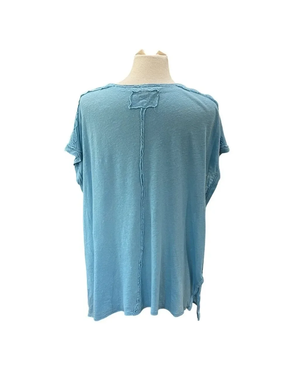 Free People Linen Blend Distressed Oversized Muscle T Shirt SZ S Blue